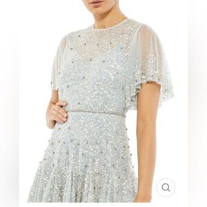 Mac Duggal Cape Sleeve Beaded Tea Length A-Line Dress